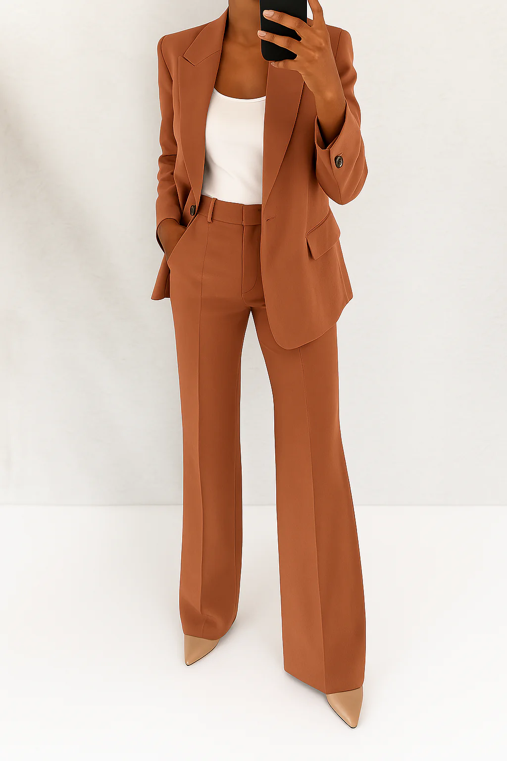 Women's elegant wide-leg pantsuit set, featuring a stylish blazer. Perfect for a modern business look.