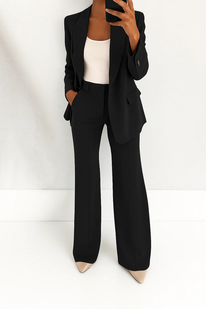 Chic women's blazer & wide-leg pants set, offering an elegant and professional look for office or business.