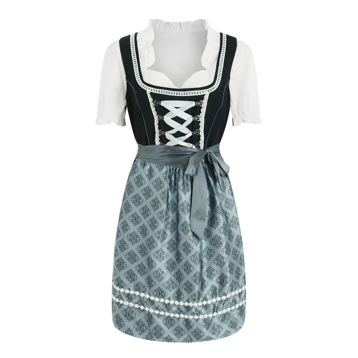 Traditional German Dirndl for women, featuring a vibrant bodice, skirt, and apron; ideal for Trachten wear.
