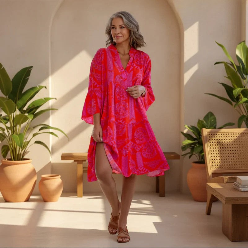 Women's elegant Boho Chic Midi Dress, flowy printed summer style. Perfect for casual wear, vacation, or parties.