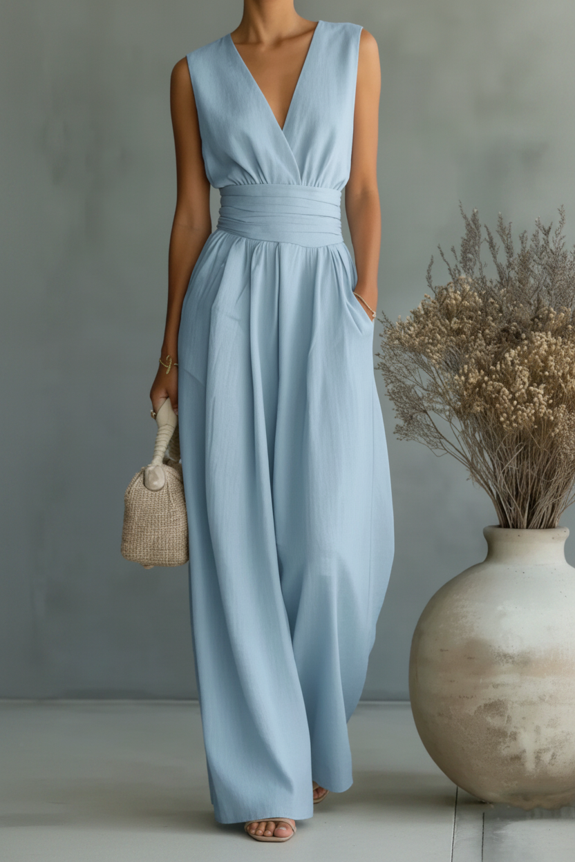 Versatile women's cross waist two-piece outfit, a sophisticated jumpsuit alternative for business casual or events.