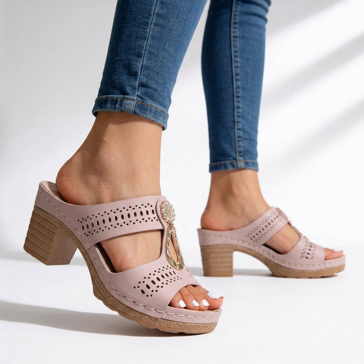 Dressy women's walking sandals: cushioned block heel, rhinestone T-strap. Elegant summer platform shoes.