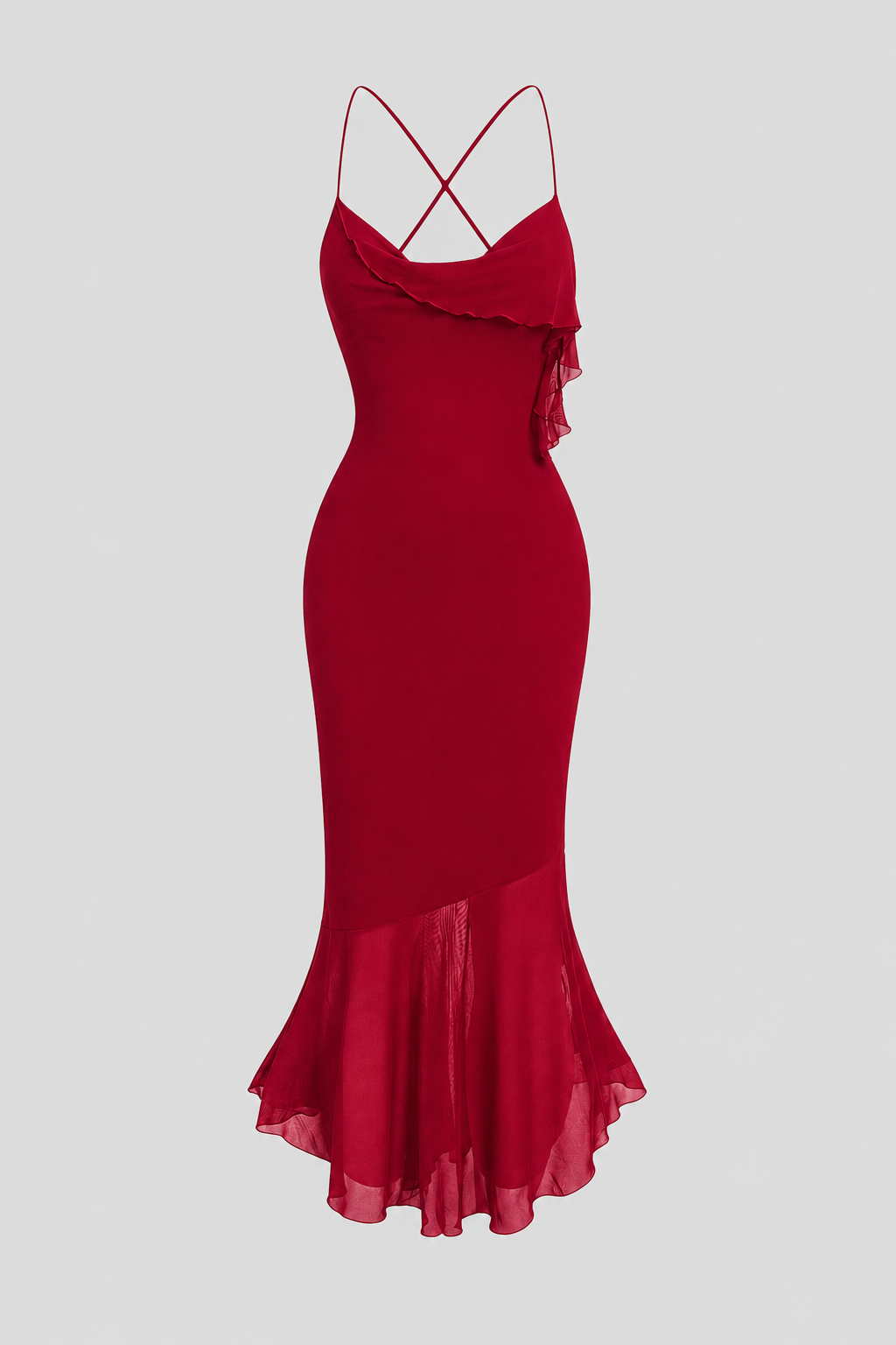 Women's elegant draped midi dress with an asymmetric hem. Perfect for cocktails or special occasions.