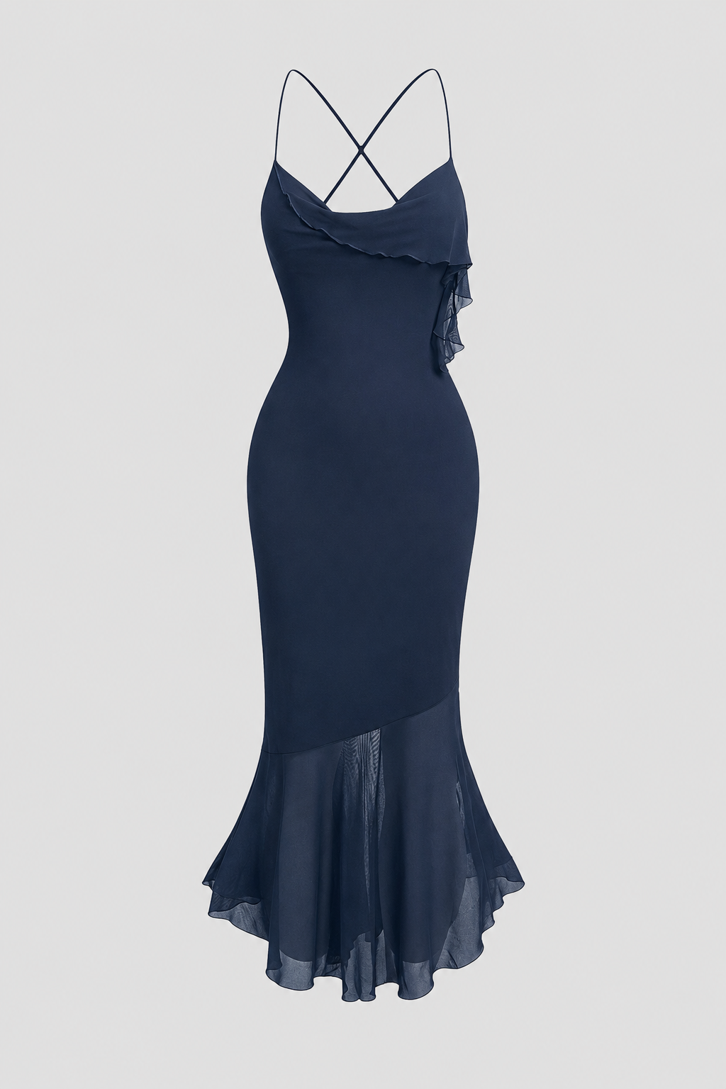 Chic sleeveless midi dress for women. Elegant draped design with asymmetric hem, perfect for parties.