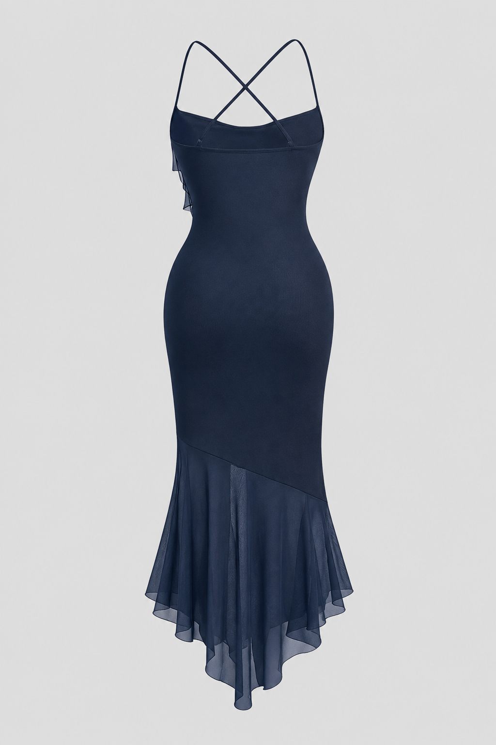 Women's fashion midi dress. Unique asymmetric hem and elegant draping make it a standout cocktail dress.