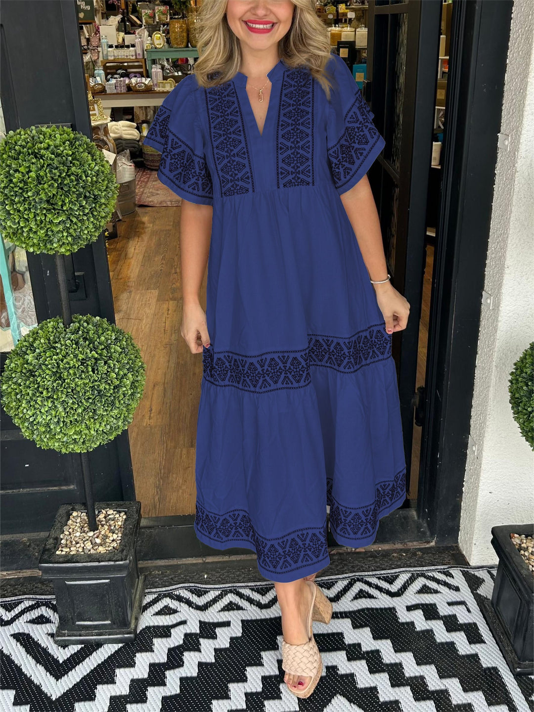 Elegant embroidered A-line boho midi dress for women, perfect for spring summer casual and stylish occasions.