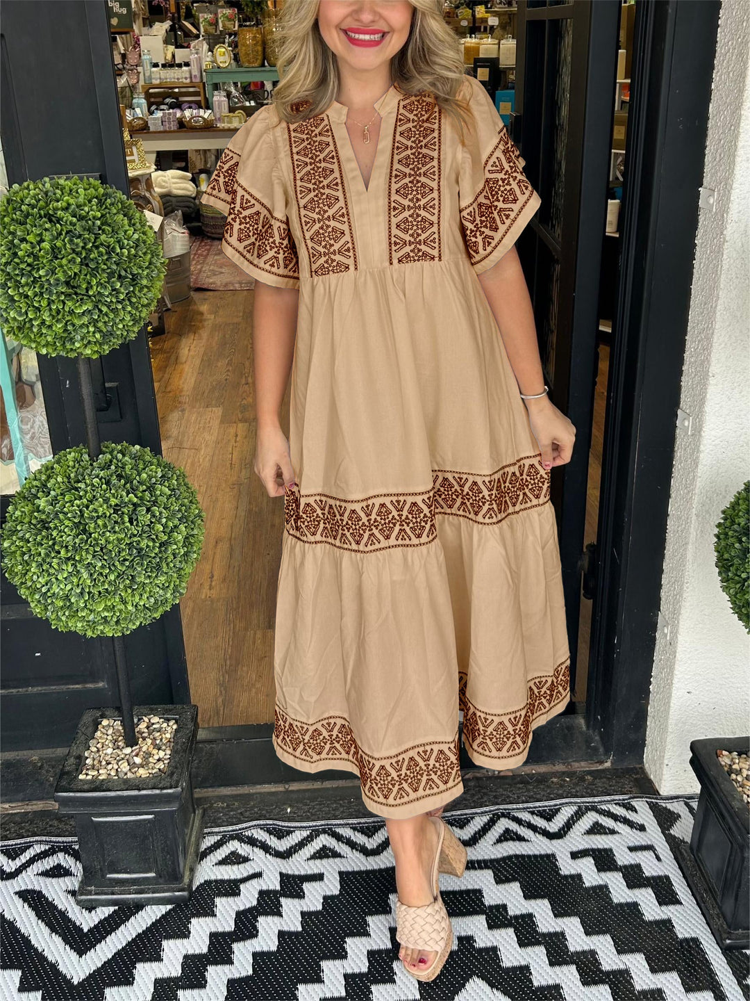 Stylish women's embroidered boho midi dress, elegant A-line silhouette for versatile spring & summer fashion.