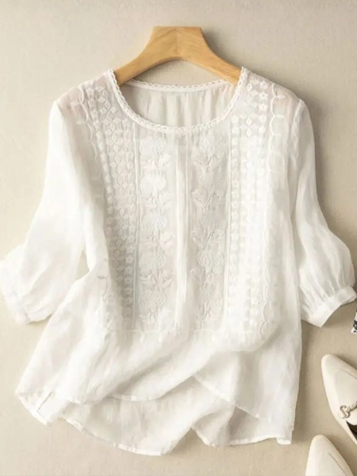 Women's elegant embroidered relaxed fit blouse for casual or chic daily wear. Soft & stylish feminine top.