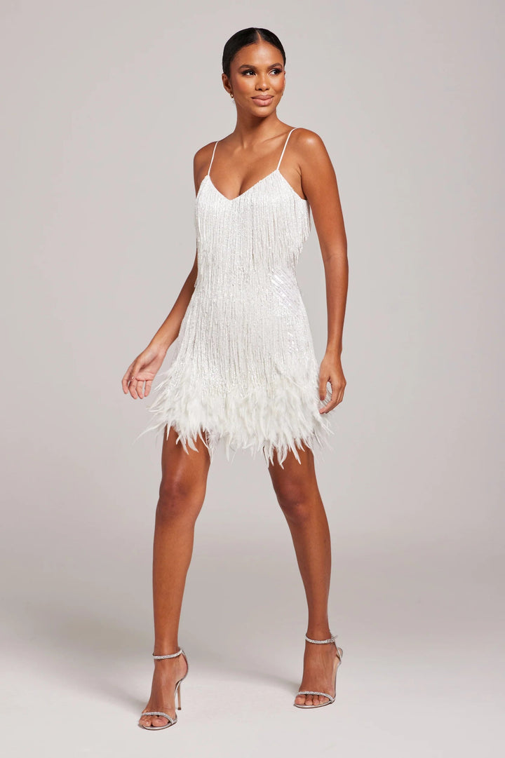 Chic women's mini cocktail dress with playful feather and fringe details for evening events.