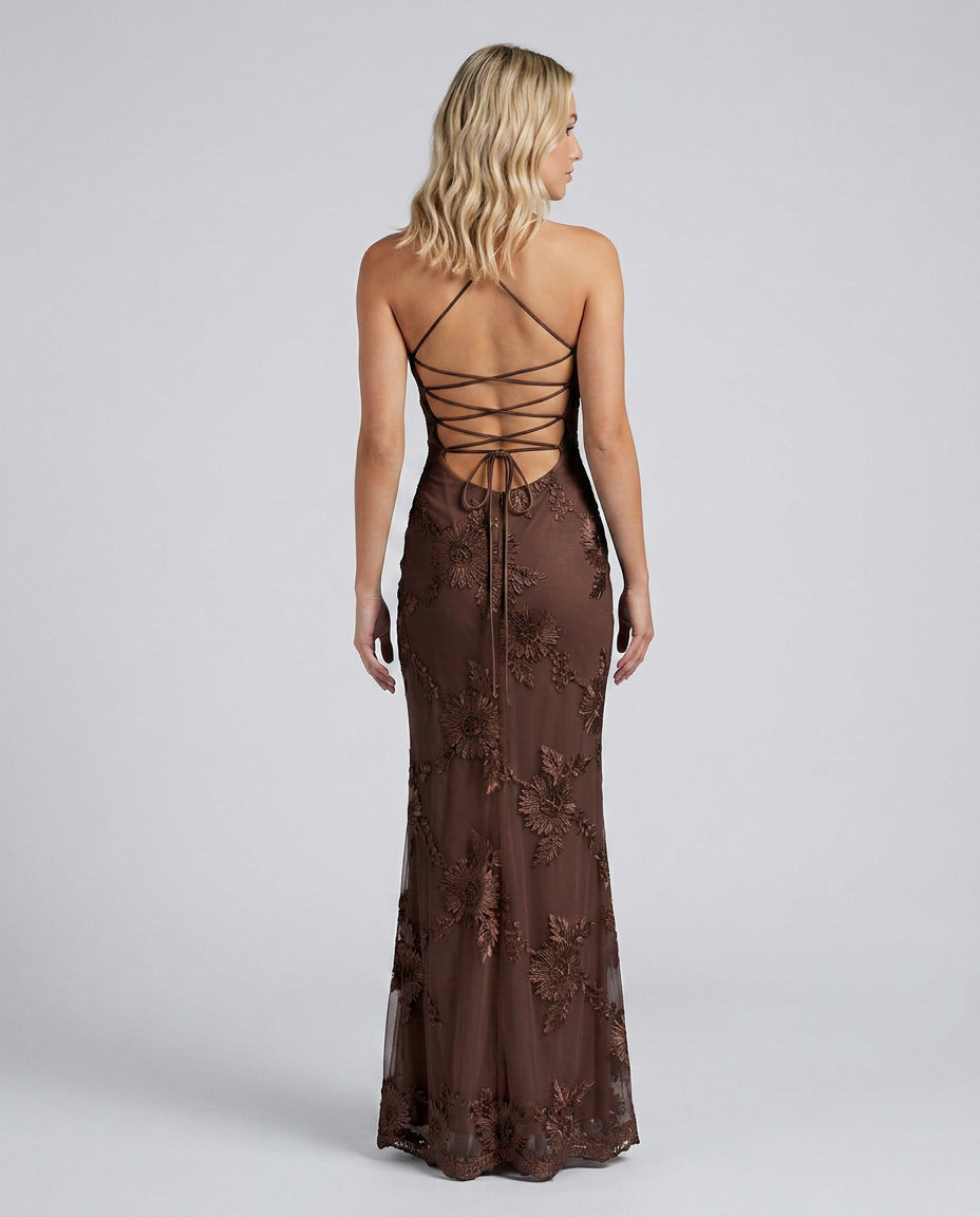 Women's stunning floral applique maxi dress, perfect for weddings, featuring a stylish lace-up back.
