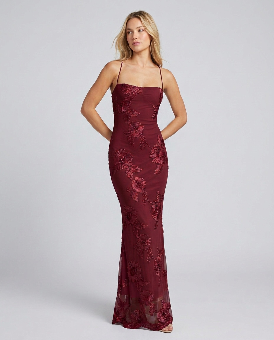 Women's floral long dress with appliqué detailing & a charming lace-up back for any occasion.