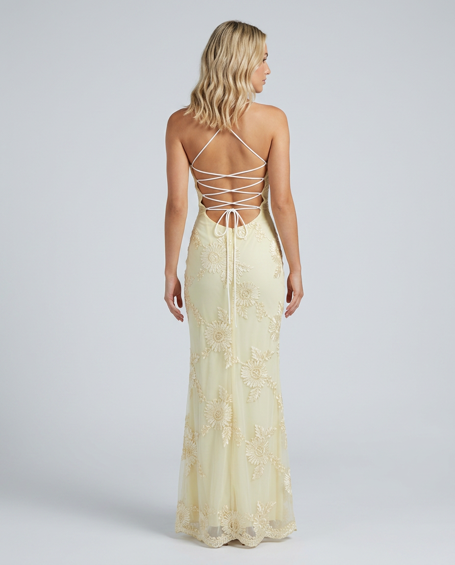 Long women's floral summer maxi dress, featuring delicate appliqué & stylish lace-up back detail.