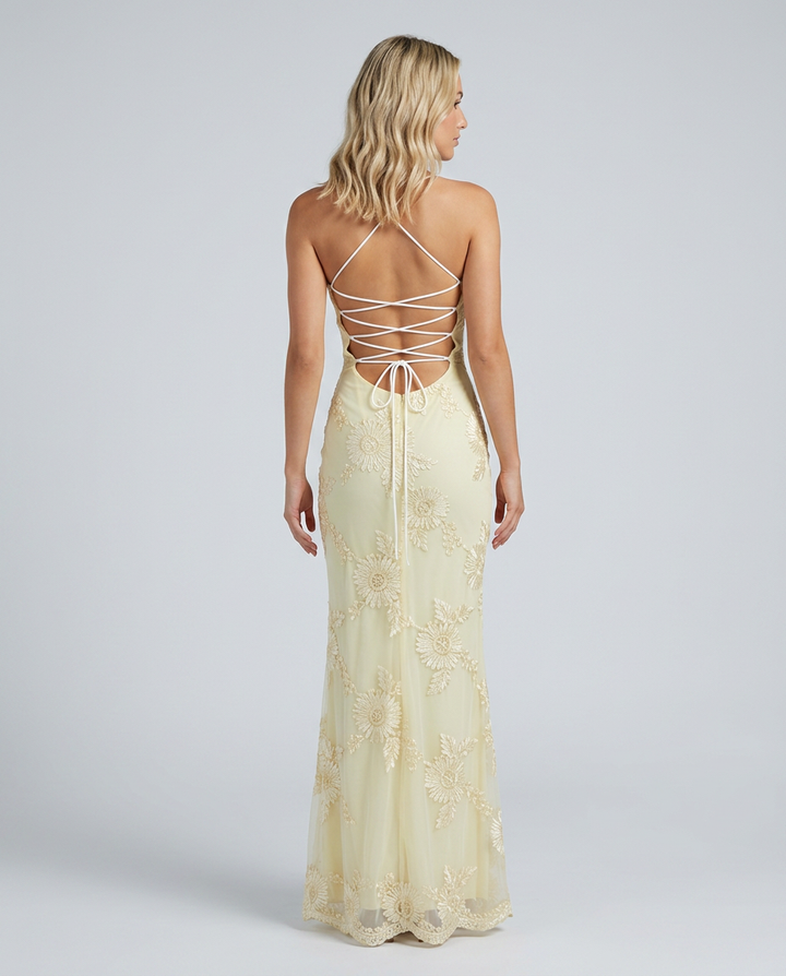 Long women's floral summer maxi dress, featuring delicate appliqué & stylish lace-up back detail.
