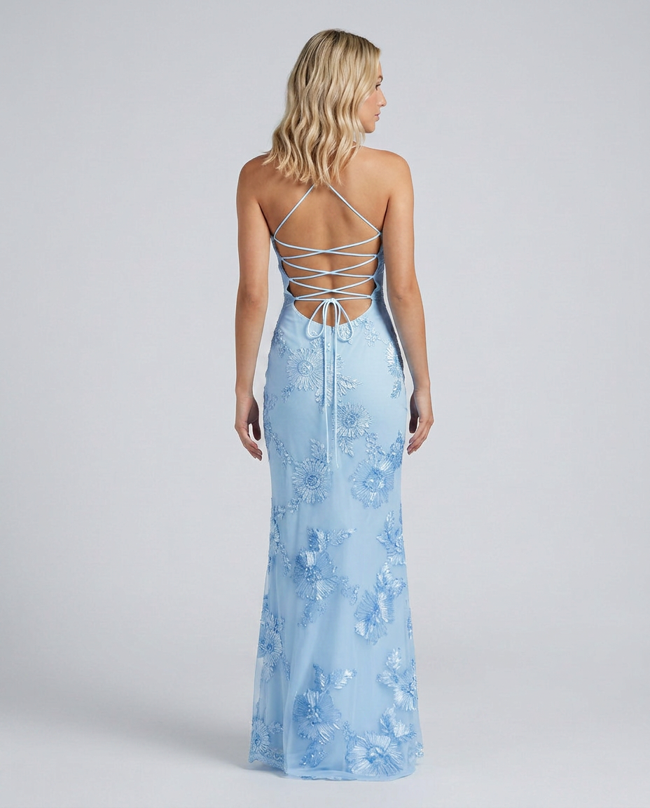 Stunning women's wedding guest maxi dress, intricate floral appliqué & sexy lace-up back.