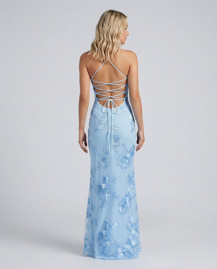 Stunning women's wedding guest maxi dress, intricate floral appliqué & sexy lace-up back.