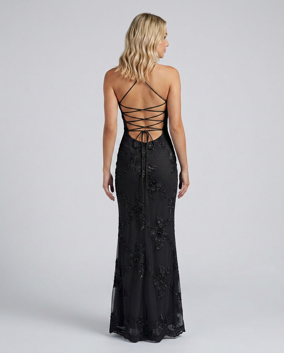 Women's formal occasion dress, full-length floral appliqué & adjustable lace-up back for perfect fit.