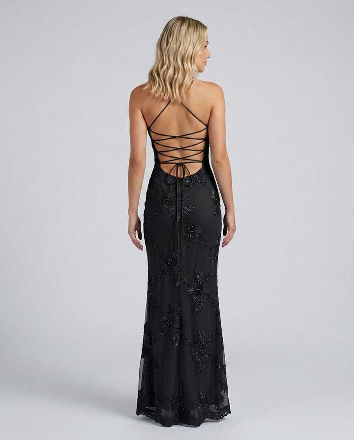 Women's formal occasion dress, full-length floral appliqué & adjustable lace-up back for perfect fit.