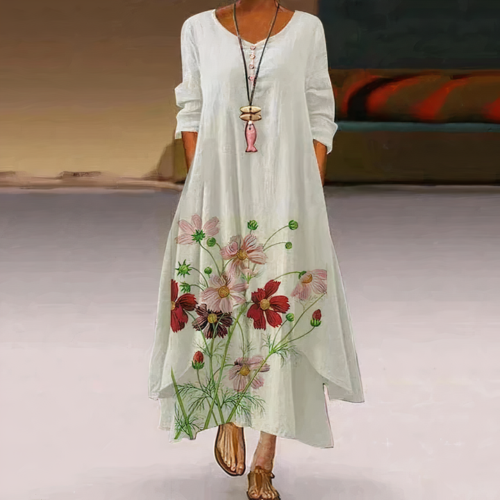 Women's elegant floral border print long sleeve maxi dress. Perfect for spring & summer casual wear.