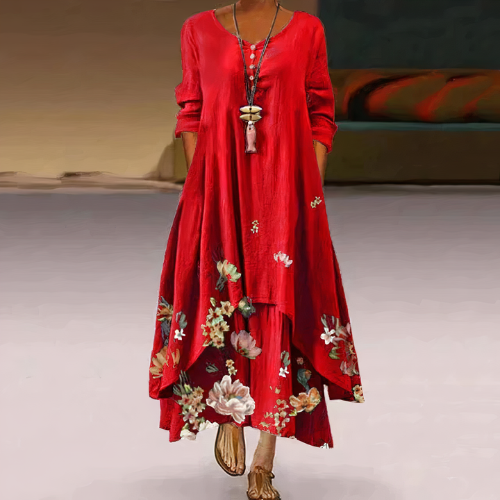 Casual women's oversized long sleeve maxi dress. Features beautiful floral border print, ideal for versatile spring fashion.