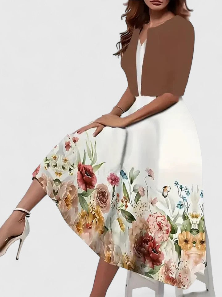 Women's elegant floral colorblock A-line midi dress with notch neck, perfect for spring occasions.