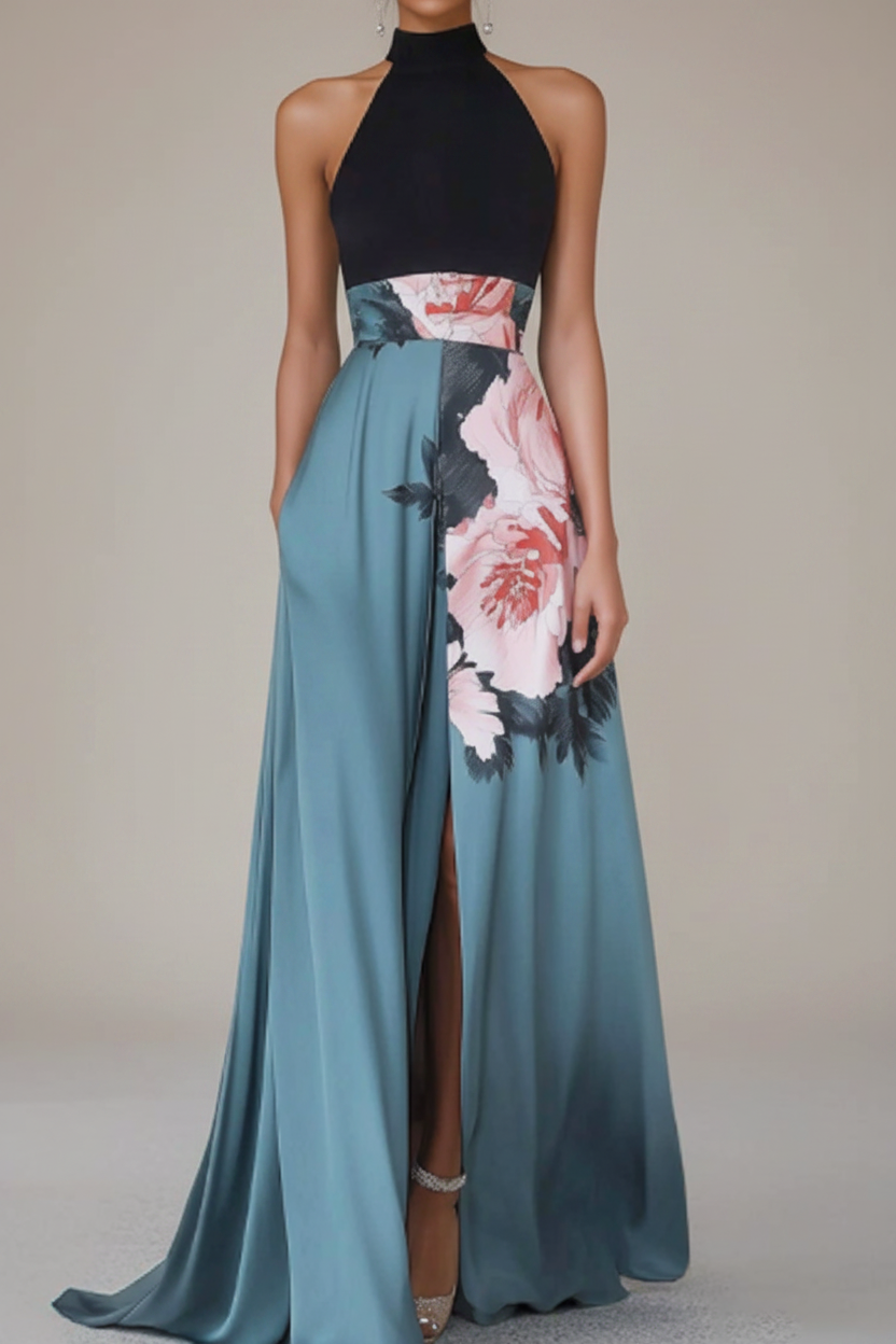 Women's elegant floral flowing maxi dress, perfect for summer parties & casual day wear. Sleeveless design.