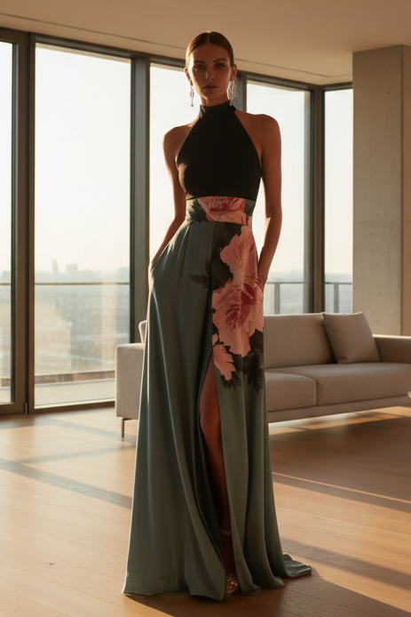 Flowing women's floral sleeveless maxi dress, ideal as a summer beach dress or elegant casual day outfit.