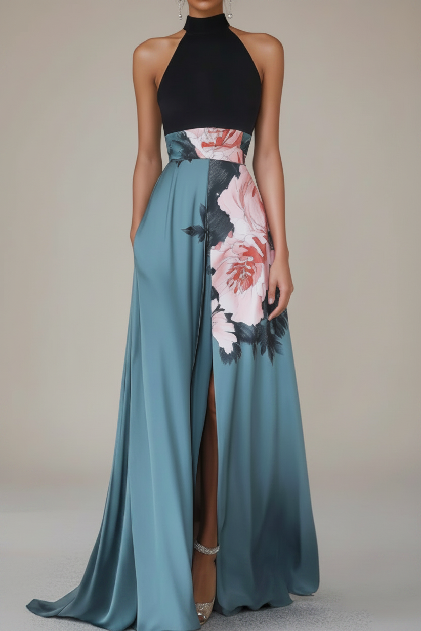 Comfortable women's sleeveless maxi dress with elegant floral pattern, great for summer fashion & beach days.