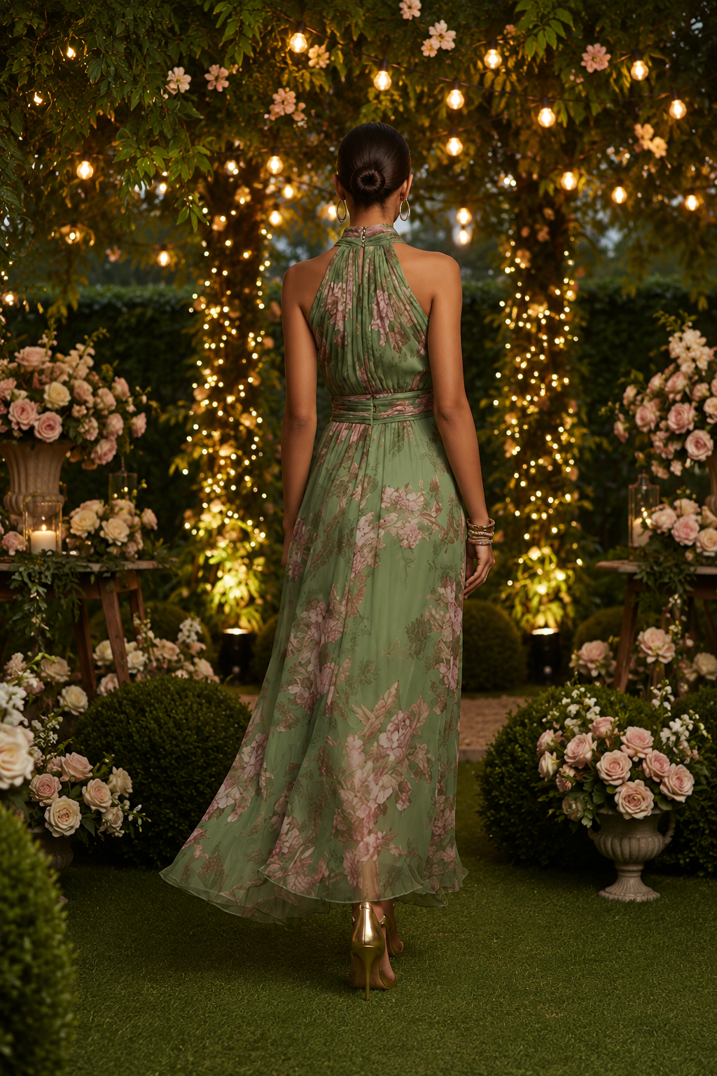 Flowy women's floral halter neck maxi dress, ideal for summer, beach, or party. Elegant and comfortable.