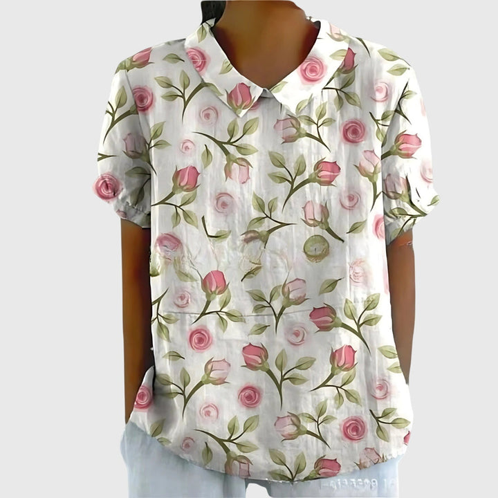Front view of the women's floral print casual top, designed for comfortable everyday style.