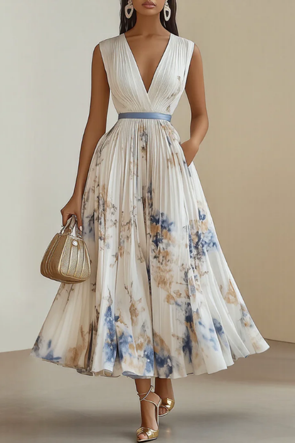 Women's elegant floral long sleeve maxi dress with V-neck and flowy pleated skirt, perfect for spring garden parties.