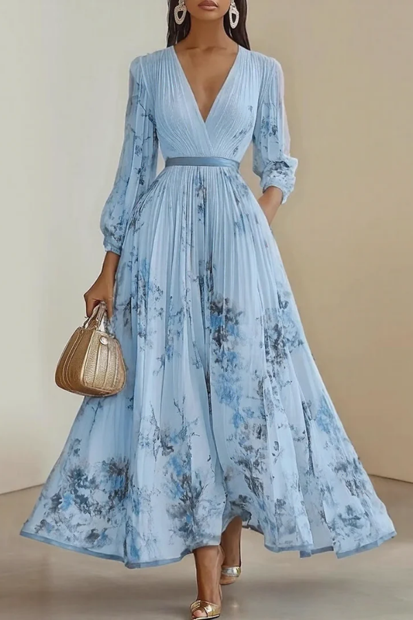Spring fashion women's floral maxi dress, long sleeve with elegant V-neck. Ideal for summer occasions & garden parties.