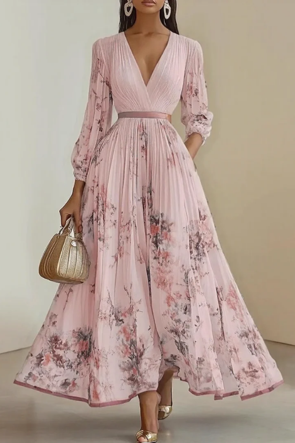 Elegant women's long sleeve floral maxi dress with V-neck, perfect for an occasion or a stylish summer garden party.
