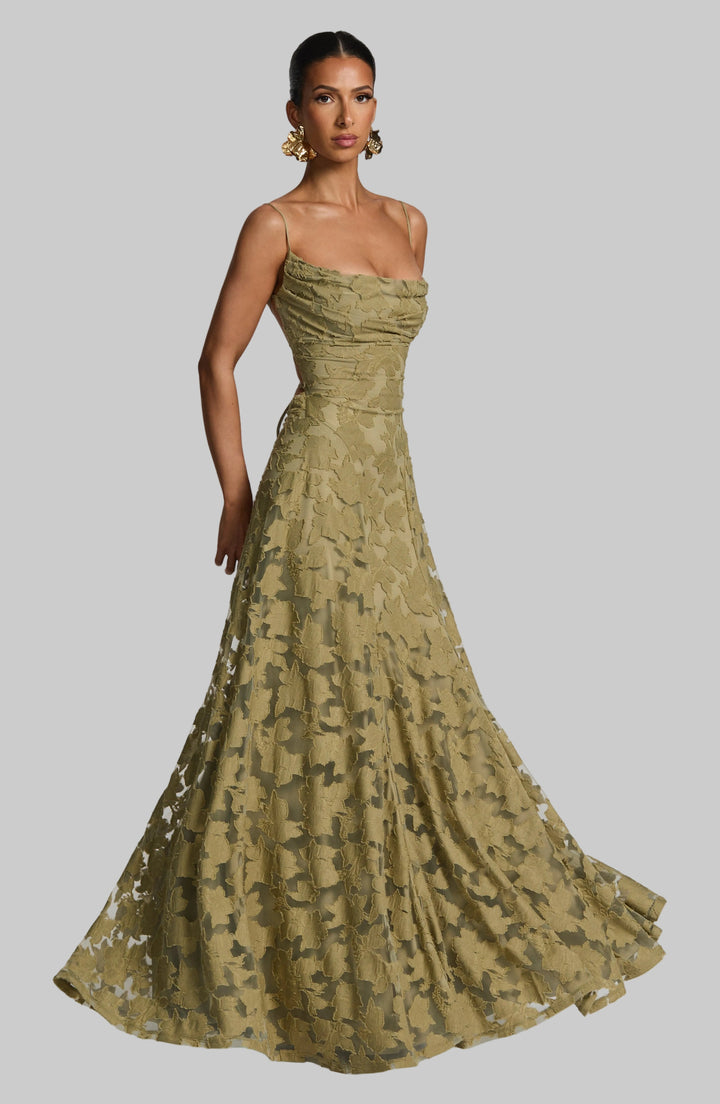 Women's elegant floral maxi dress with a flattering waterfall neckline, perfect for summer evenings.
