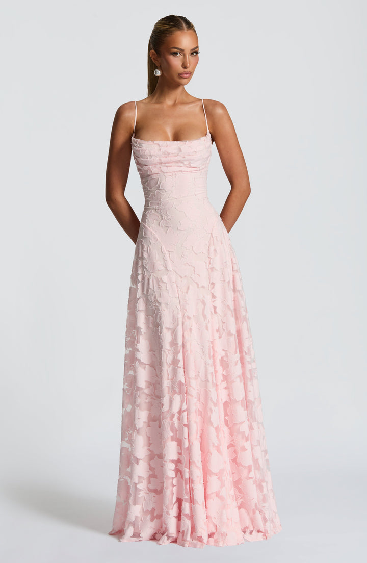 Romantic floral maxi dress for women, perfect for summer parties, featuring a graceful waterfall neckline.