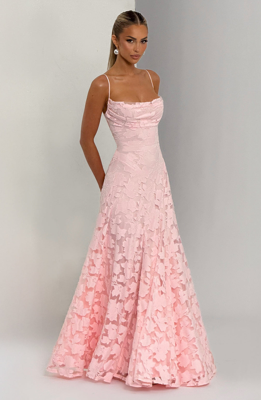 Women's casual yet elegant floral summer maxi dress, sleeveless with a distinctive waterfall neckline.