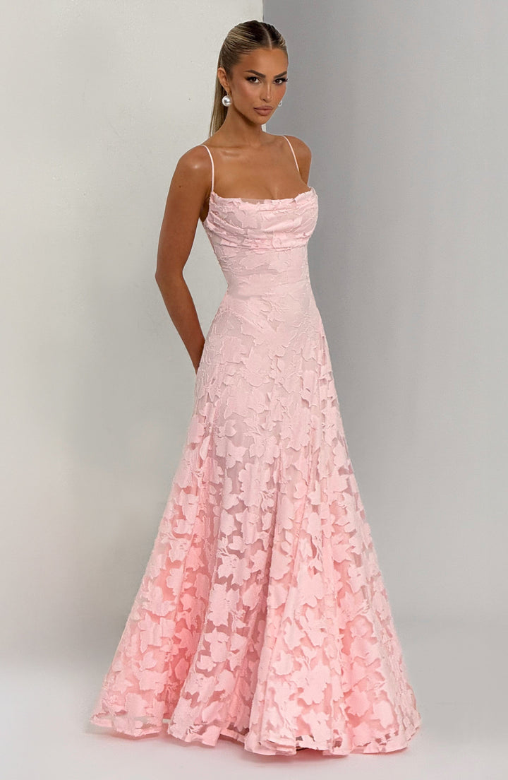 Women's casual yet elegant floral summer maxi dress, sleeveless with a distinctive waterfall neckline.