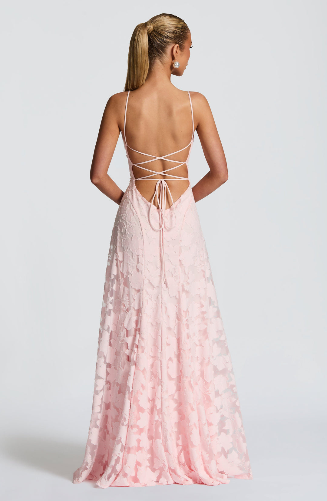 Hanging display of the women's floral A-line maxi dress, showing the waterfall neckline and long skirt.