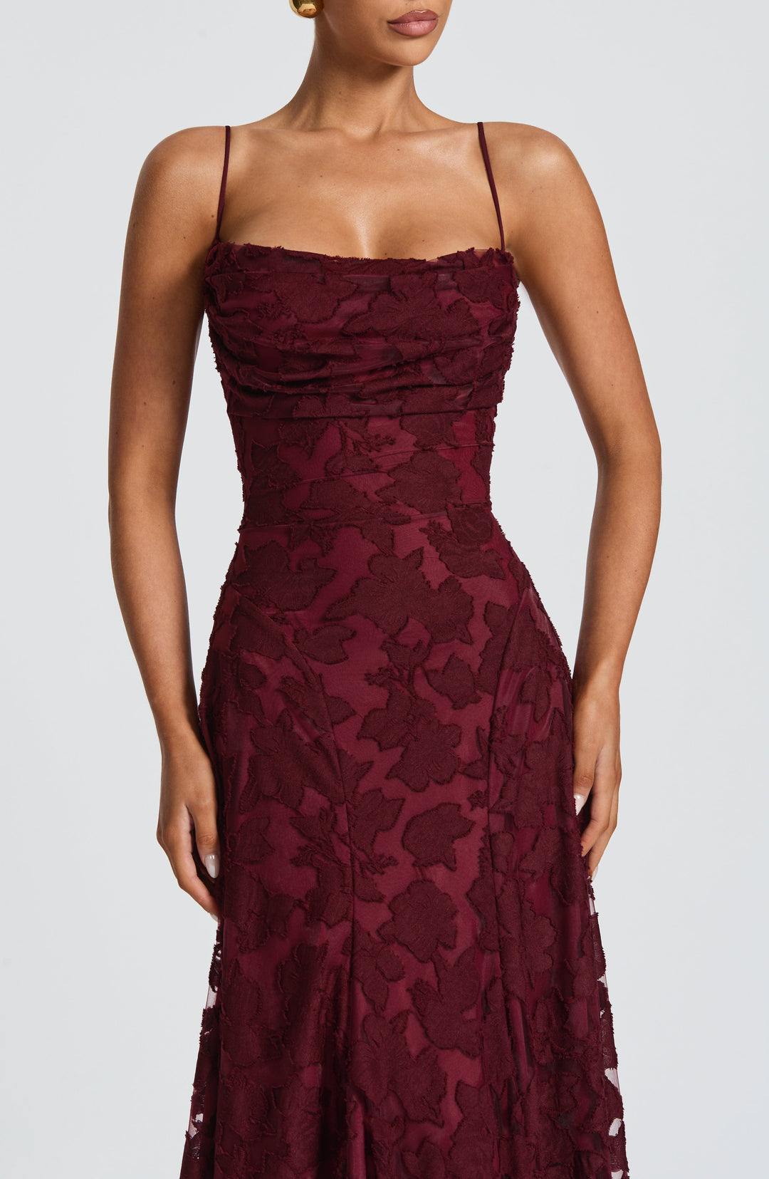 Vibrant floral print long dress for women, ideal for formal occasions, with a stylish waterfall neckline.