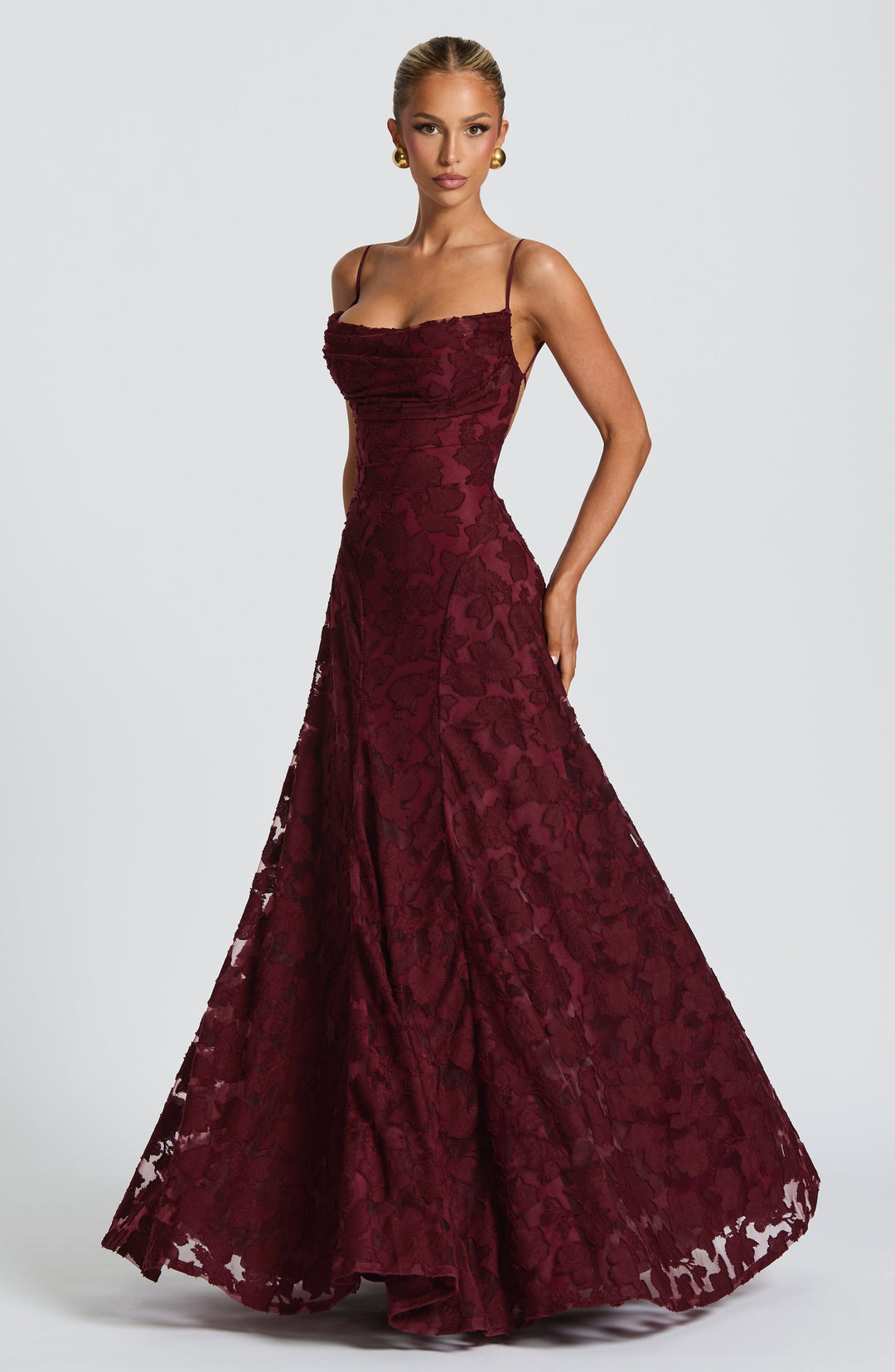 Front view of women's A-line floral maxi dress with waterfall neckline, perfect for summer evenings.
