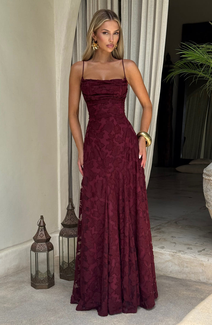 Stylish women's floral maxi dress, a perfect summer formal or party dress, with an elegant waterfall neckline.