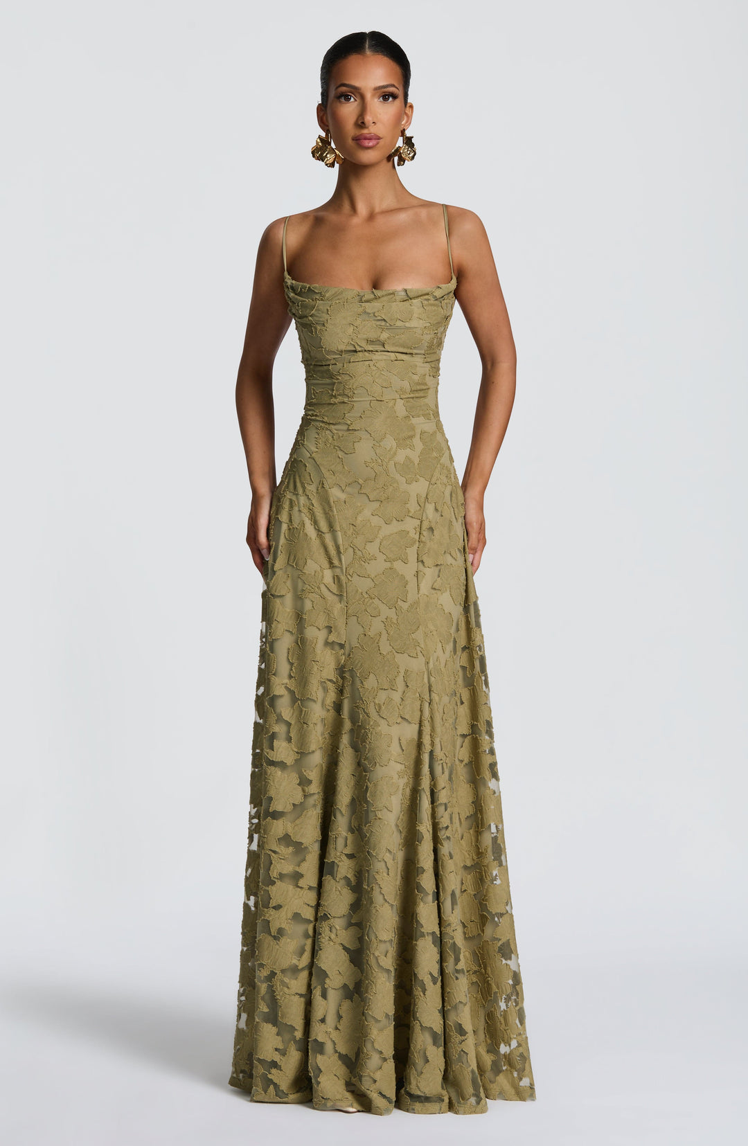 Formal women's long floral dress with a unique waterfall neckline and delicate lace-up back detail.