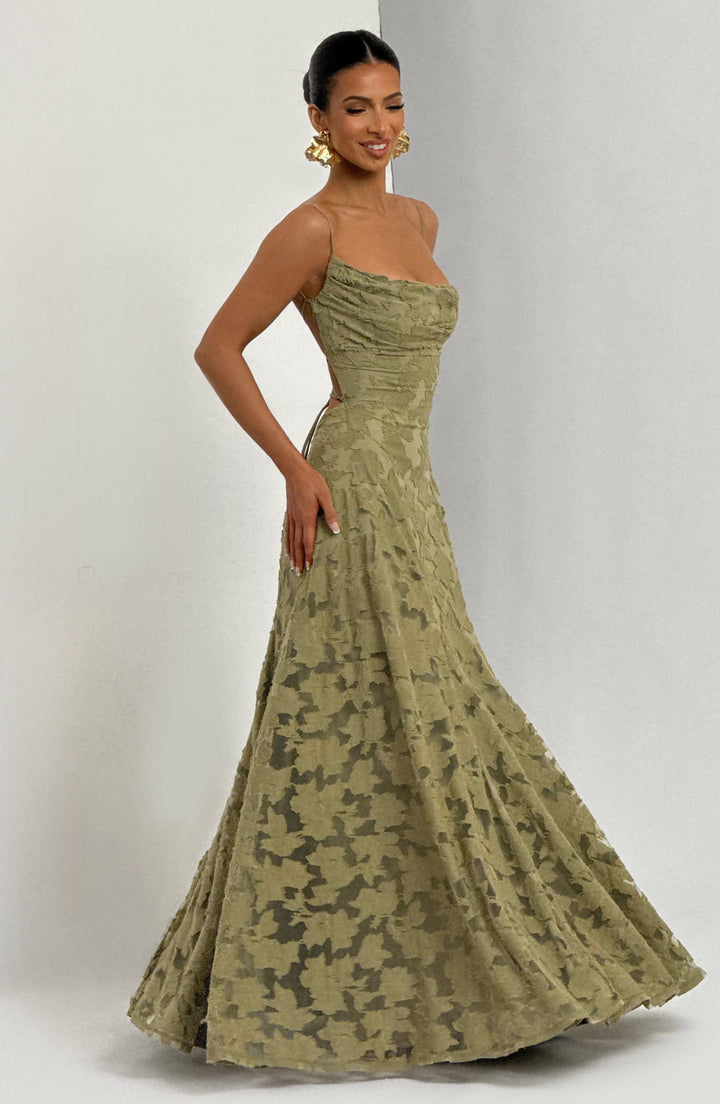 Beautiful women's floral print maxi dress, ideal as an evening or party dress, with a waterfall neck.