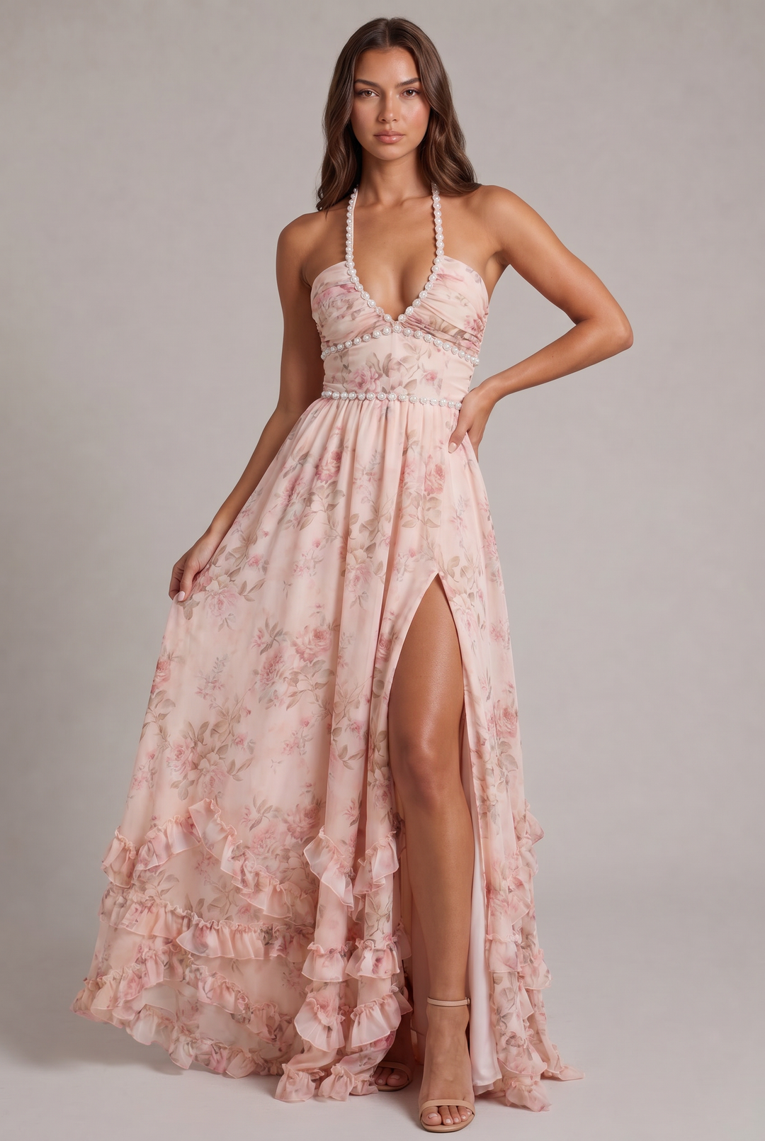 Women's elegant floral maxi dress with halter neck. Perfect for parties & special occasions.
