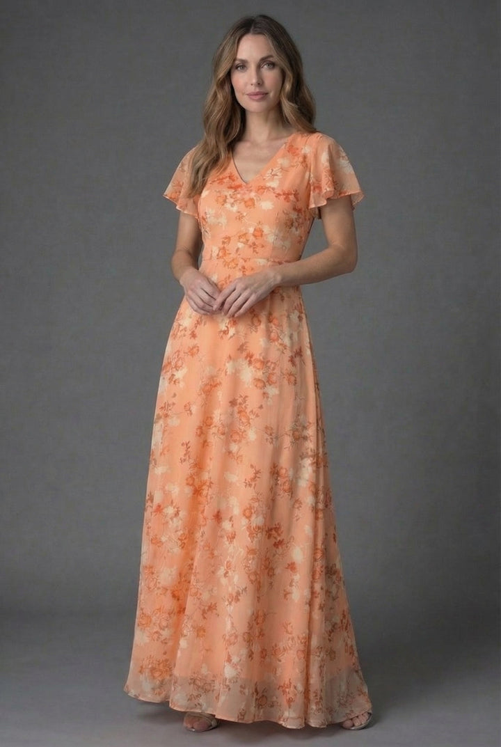 Women's elegant floral maxi dress with V-neck & flutter sleeves, perfect for wedding guests or evening wear.