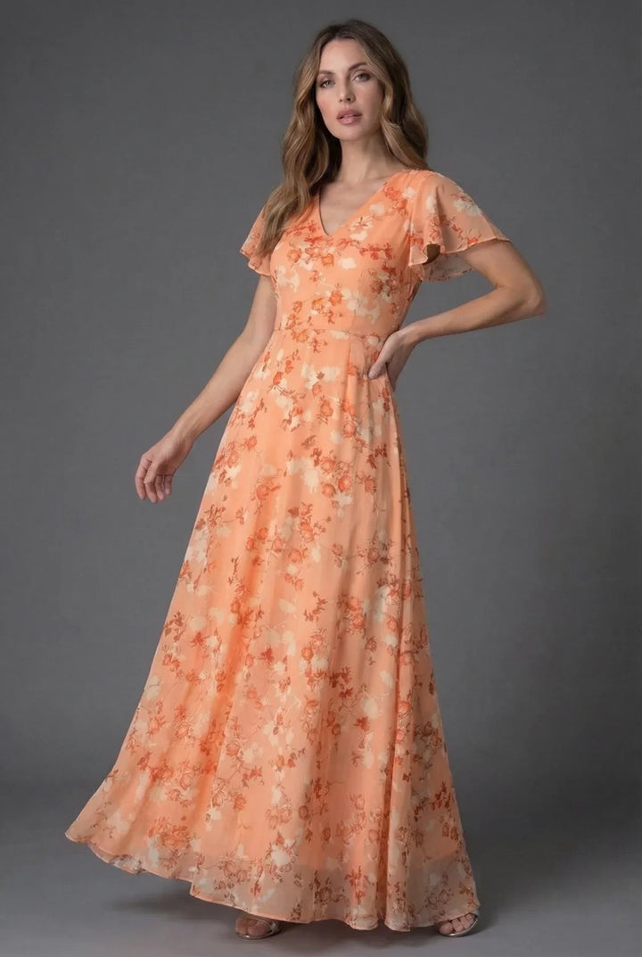 Elegant women's long floral maxi dress, V-neck, flutter sleeves. A beautiful party gown for special occasions.