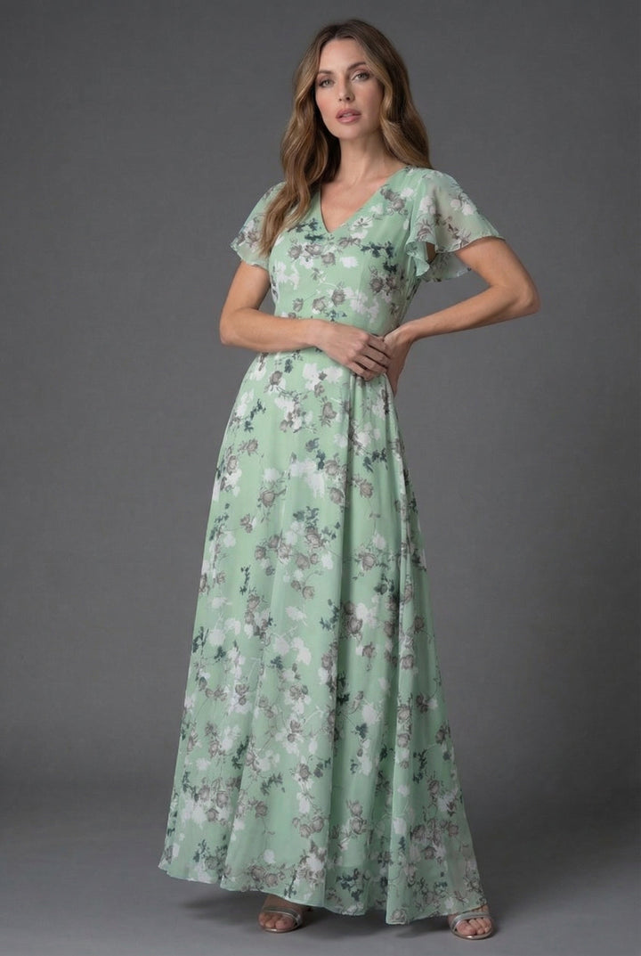 Comfortable & chic women's floral maxi dress, V-neck, flutter sleeves. Perfect elegant spring or summer outfit.
