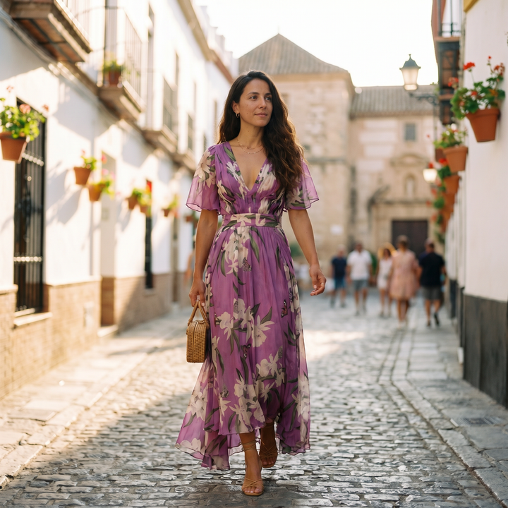 Women's elegant floral maxi dress with V-neck & long sleeves. Ideal for spring garden parties.