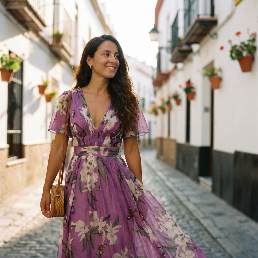 Purple floral V-neck maxi dress for women. Stylish long sleeve design, perfect for spring fashion.