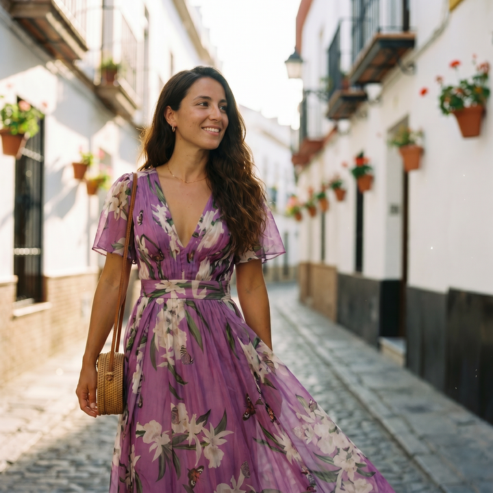 Purple floral V-neck maxi dress for women. Stylish long sleeve design, perfect for spring fashion.