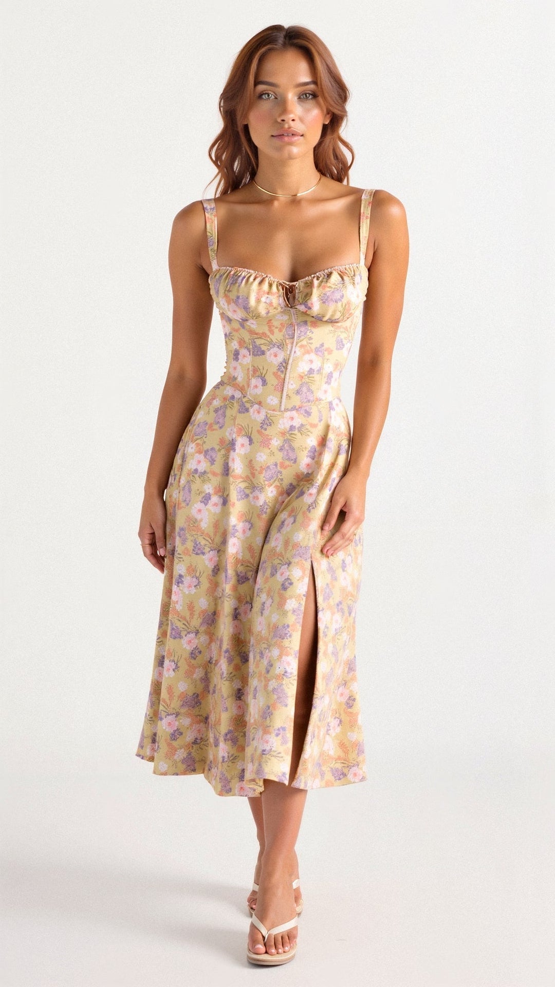 Women's elegant floral midi dress with corset bodice & chic side slit for parties.
